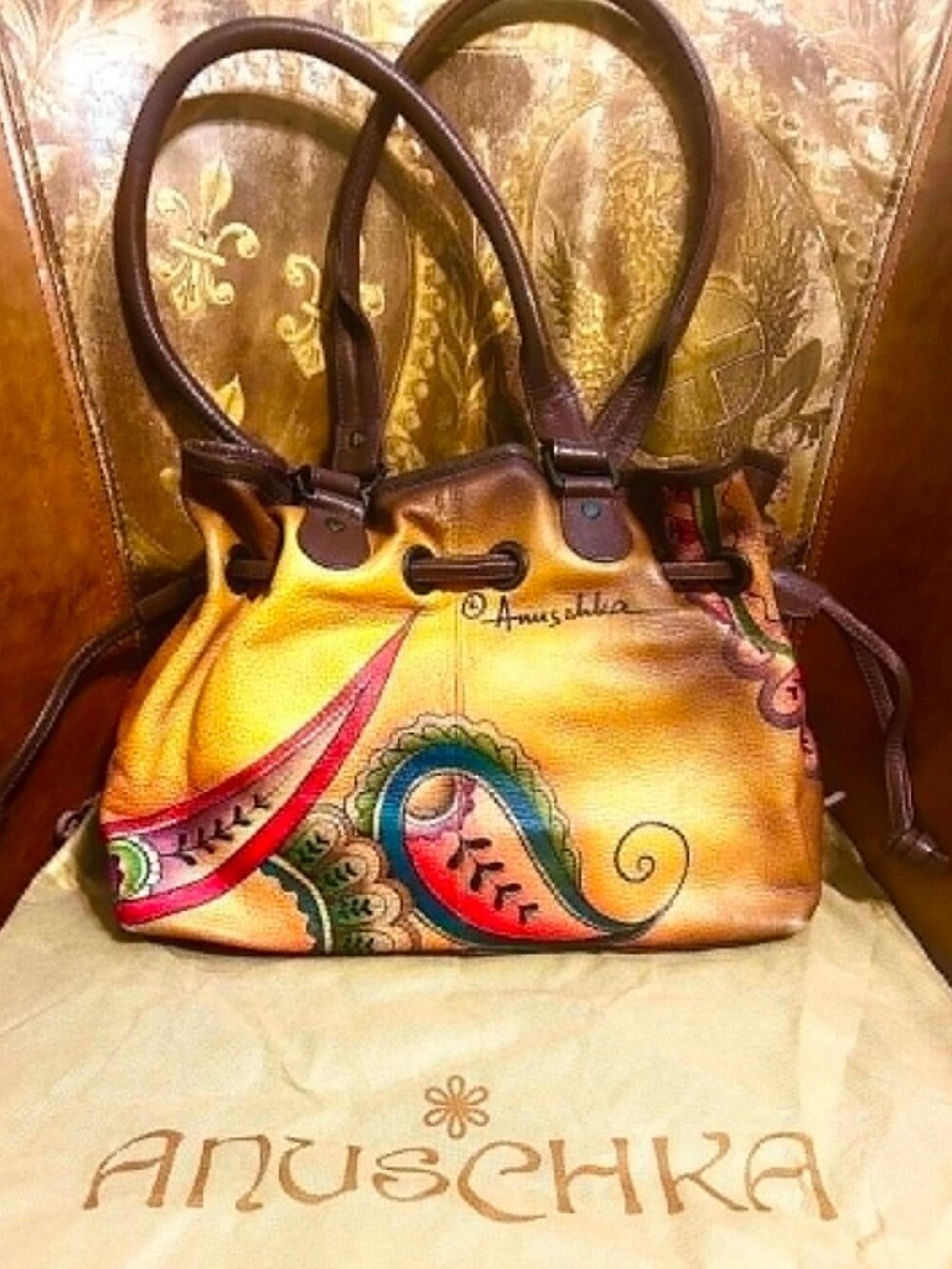 NWT ANUSCHKA Boho Paisley Hand-Painted Leather Double Strap Shoulder Bag